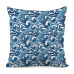 Blue Japanese Wave Pattern Print Pillow Cover