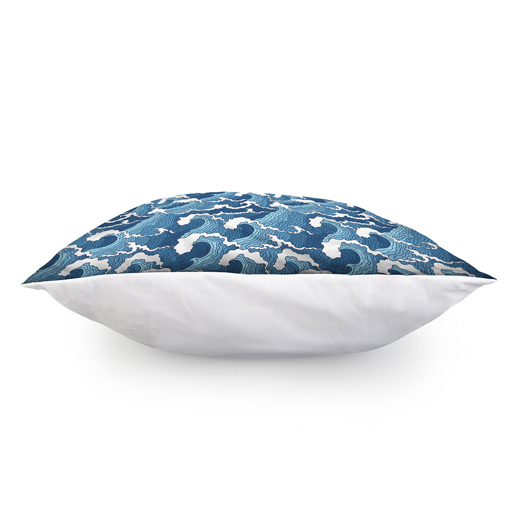Blue Japanese Wave Pattern Print Pillow Cover