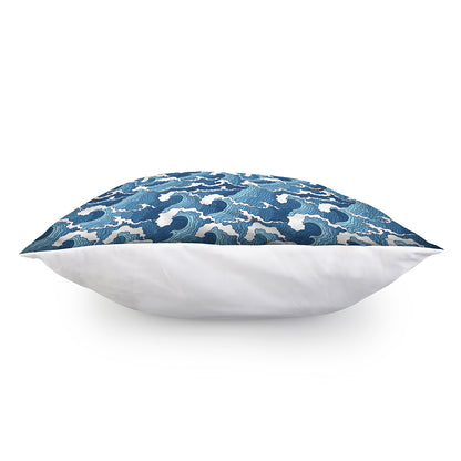 Blue Japanese Wave Pattern Print Pillow Cover
