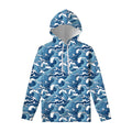 Blue Japanese Wave Pattern Print Pullover Hoodie
