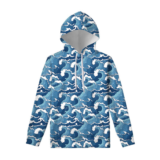 Blue Japanese Wave Pattern Print Pullover Hoodie
