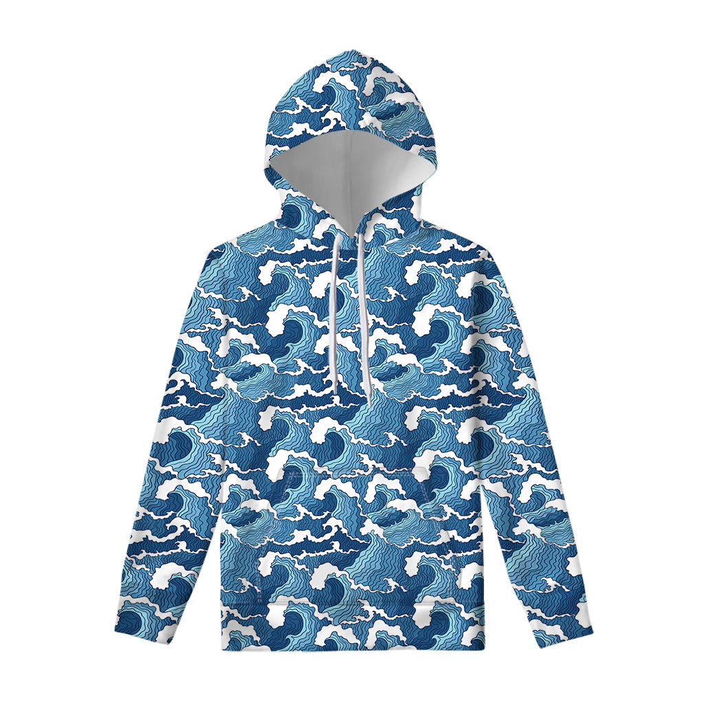 Blue Japanese Wave Pattern Print Pullover Hoodie