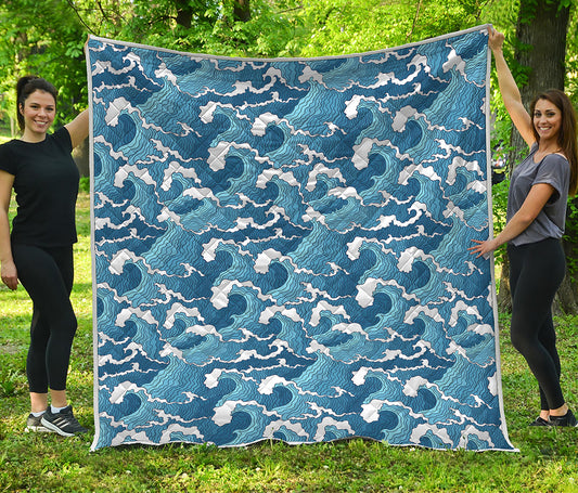 Blue Japanese Wave Pattern Print Quilt