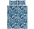 Blue Japanese Wave Pattern Print Quilt Bed Set