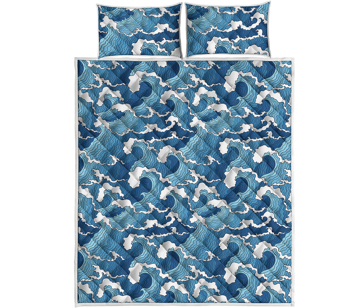 Blue Japanese Wave Pattern Print Quilt Bed Set
