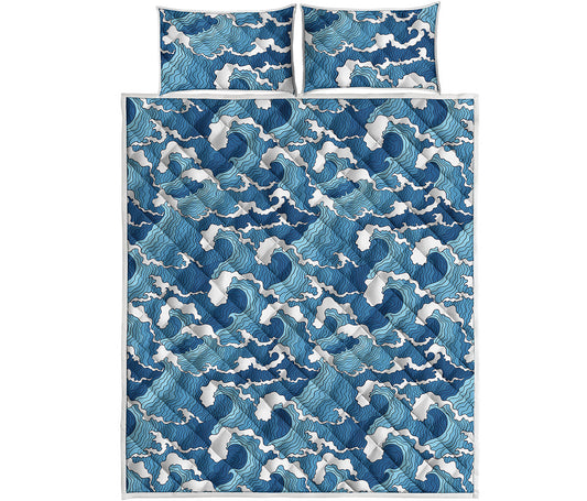 Blue Japanese Wave Pattern Print Quilt Bed Set