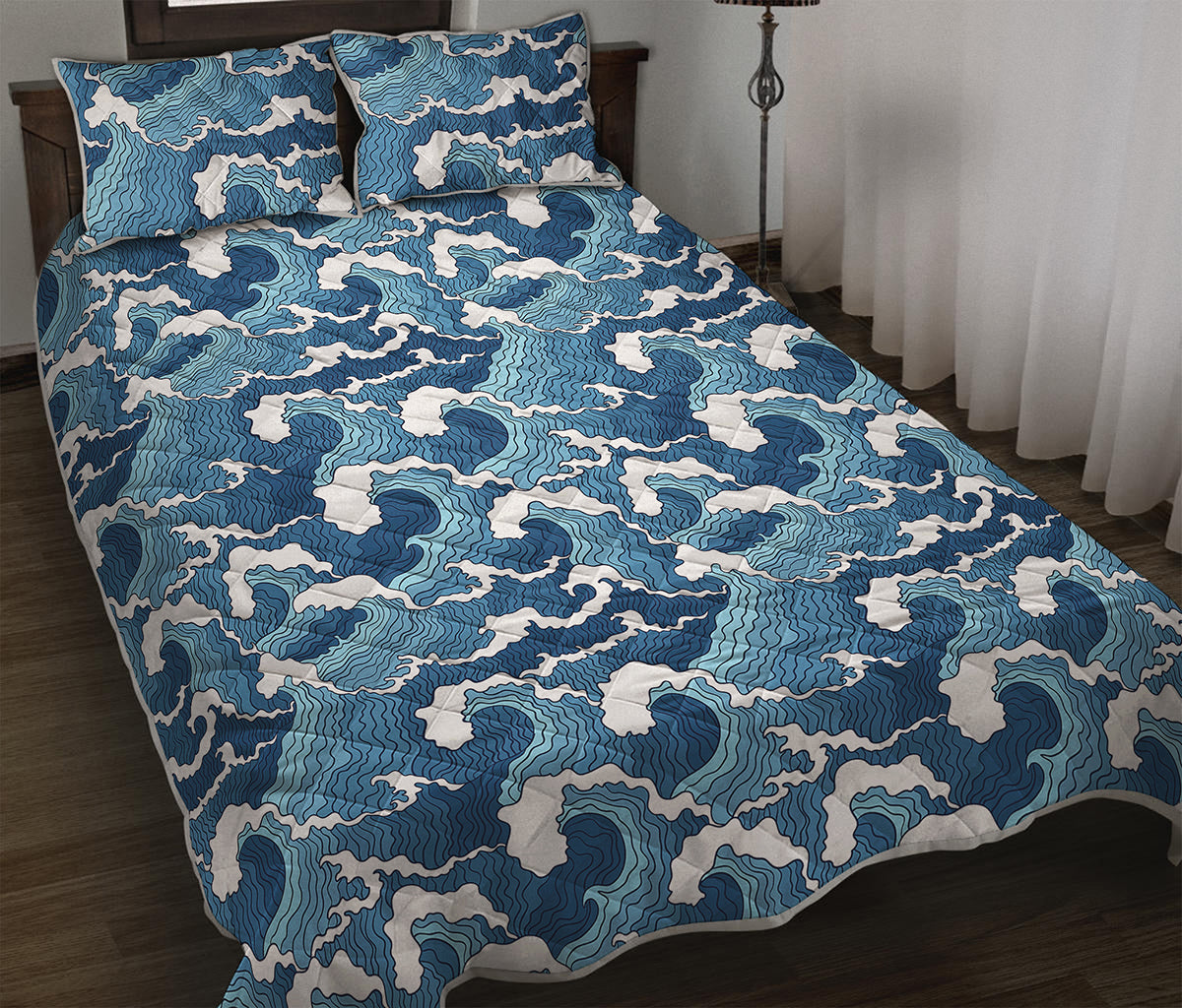 Blue Japanese Wave Pattern Print Quilt Bed Set