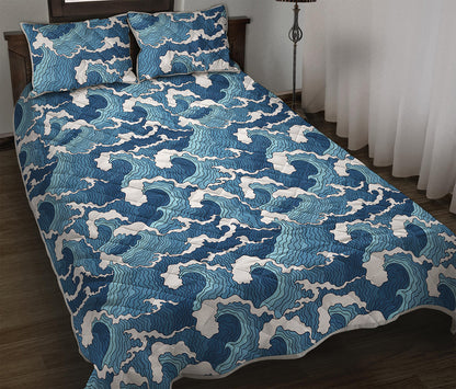 Blue Japanese Wave Pattern Print Quilt Bed Set