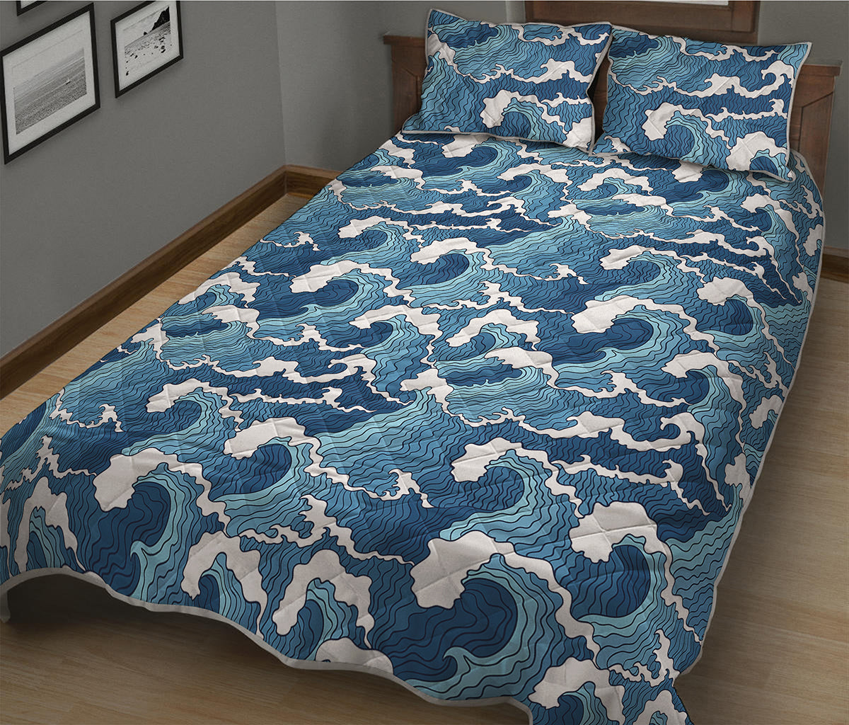Blue Japanese Wave Pattern Print Quilt Bed Set