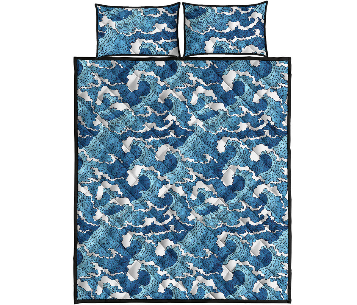 Blue Japanese Wave Pattern Print Quilt Bed Set