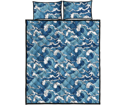 Blue Japanese Wave Pattern Print Quilt Bed Set