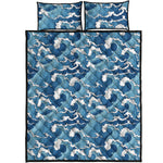 Blue Japanese Wave Pattern Print Quilt Bed Set