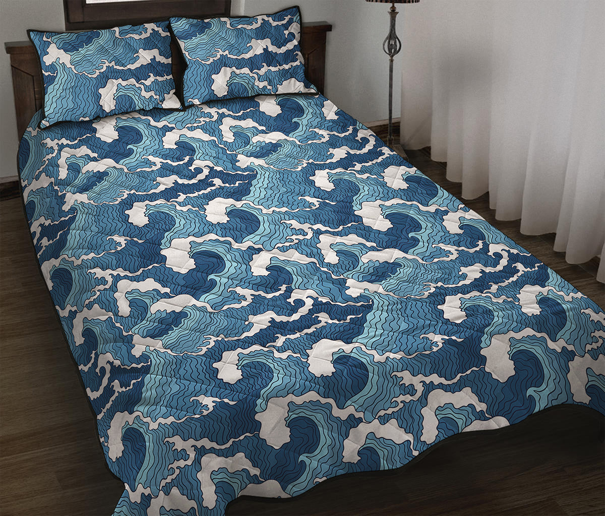 Blue Japanese Wave Pattern Print Quilt Bed Set