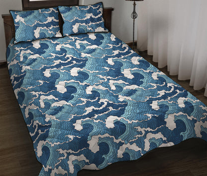Blue Japanese Wave Pattern Print Quilt Bed Set