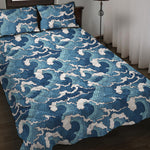 Blue Japanese Wave Pattern Print Quilt Bed Set