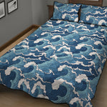 Blue Japanese Wave Pattern Print Quilt Bed Set
