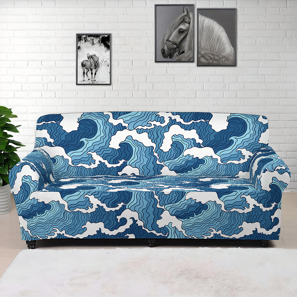 Blue Japanese Wave Pattern Print Sofa Cover