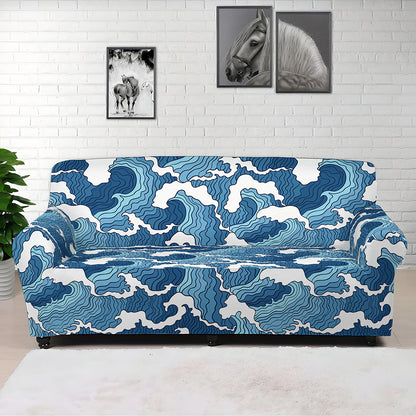 Blue Japanese Wave Pattern Print Sofa Cover