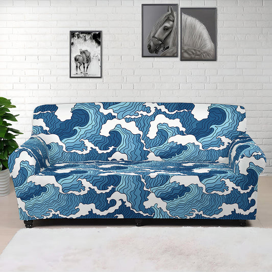Blue Japanese Wave Pattern Print Sofa Cover