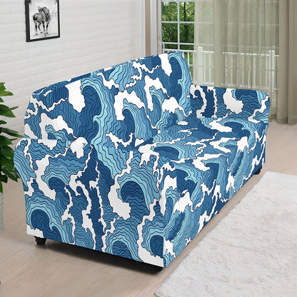 Blue Japanese Wave Pattern Print Sofa Cover
