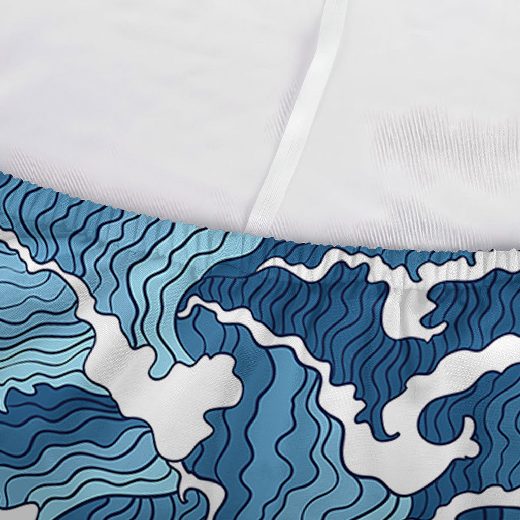 Blue Japanese Wave Pattern Print Sofa Cover