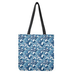 Blue Japanese Wave Pattern Print Tote Bag
