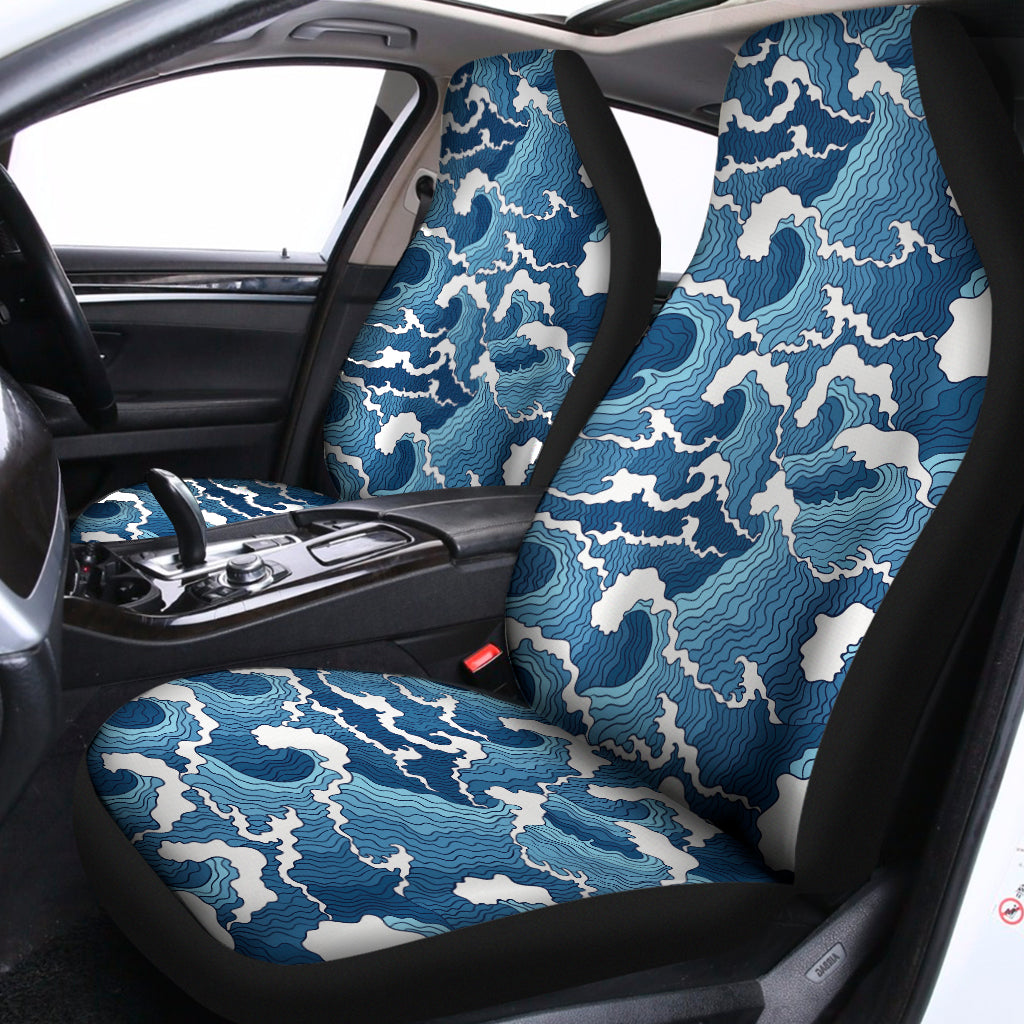 Blue Japanese Wave Pattern Print Universal Fit Car Seat Covers