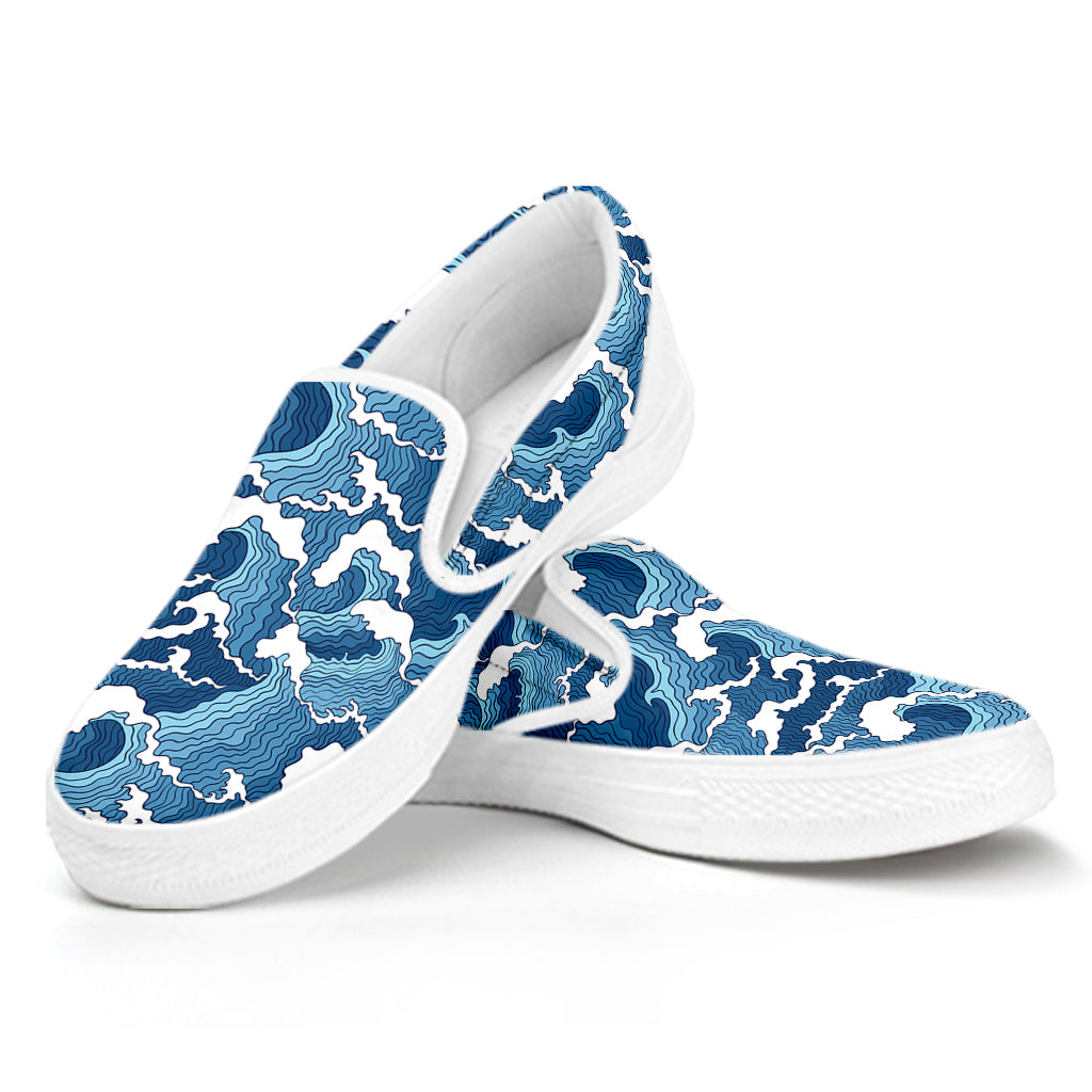 Blue Japanese Wave Pattern Print White Slip On Shoes