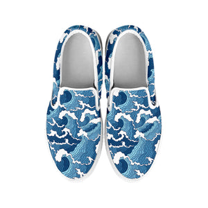 Blue Japanese Wave Pattern Print White Slip On Shoes