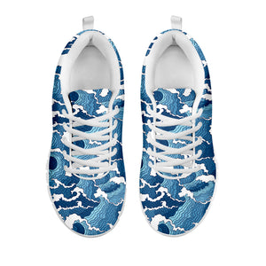 Blue Japanese Wave Pattern Print White Sneakers