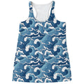 Blue Japanese Wave Pattern Print Women's Racerback Tank Top