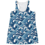 Blue Japanese Wave Pattern Print Women's Racerback Tank Top
