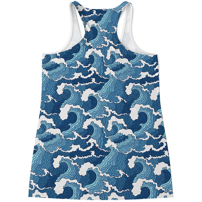 Blue Japanese Wave Pattern Print Women's Racerback Tank Top