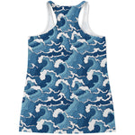 Blue Japanese Wave Pattern Print Women's Racerback Tank Top