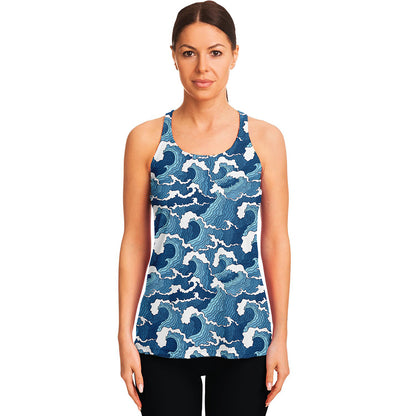 Blue Japanese Wave Pattern Print Women's Racerback Tank Top