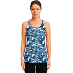 Blue Japanese Wave Pattern Print Women's Racerback Tank Top