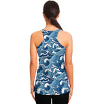 Blue Japanese Wave Pattern Print Women's Racerback Tank Top