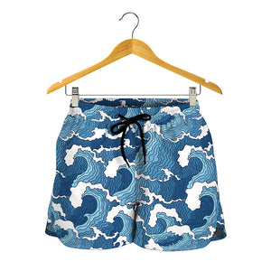 Blue Japanese Wave Pattern Print Women's Shorts