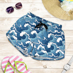 Blue Japanese Wave Pattern Print Women's Shorts