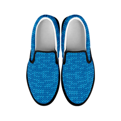 Blue Knitted Pattern Print Black Slip On Shoes