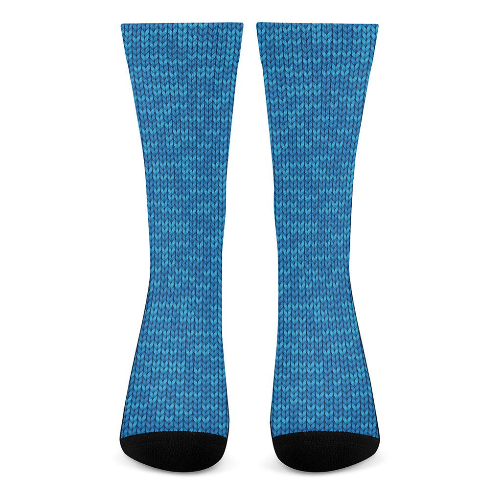 Blue Knitted Pattern Print Crew Socks