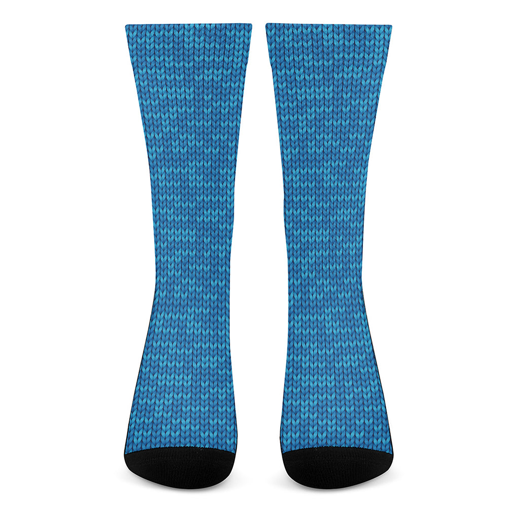 Blue Knitted Pattern Print Crew Socks