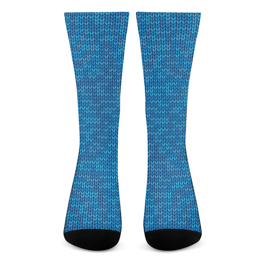 Blue Knitted Pattern Print Crew Socks