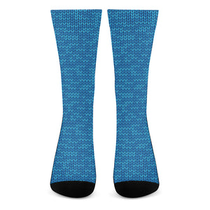 Blue Knitted Pattern Print Crew Socks