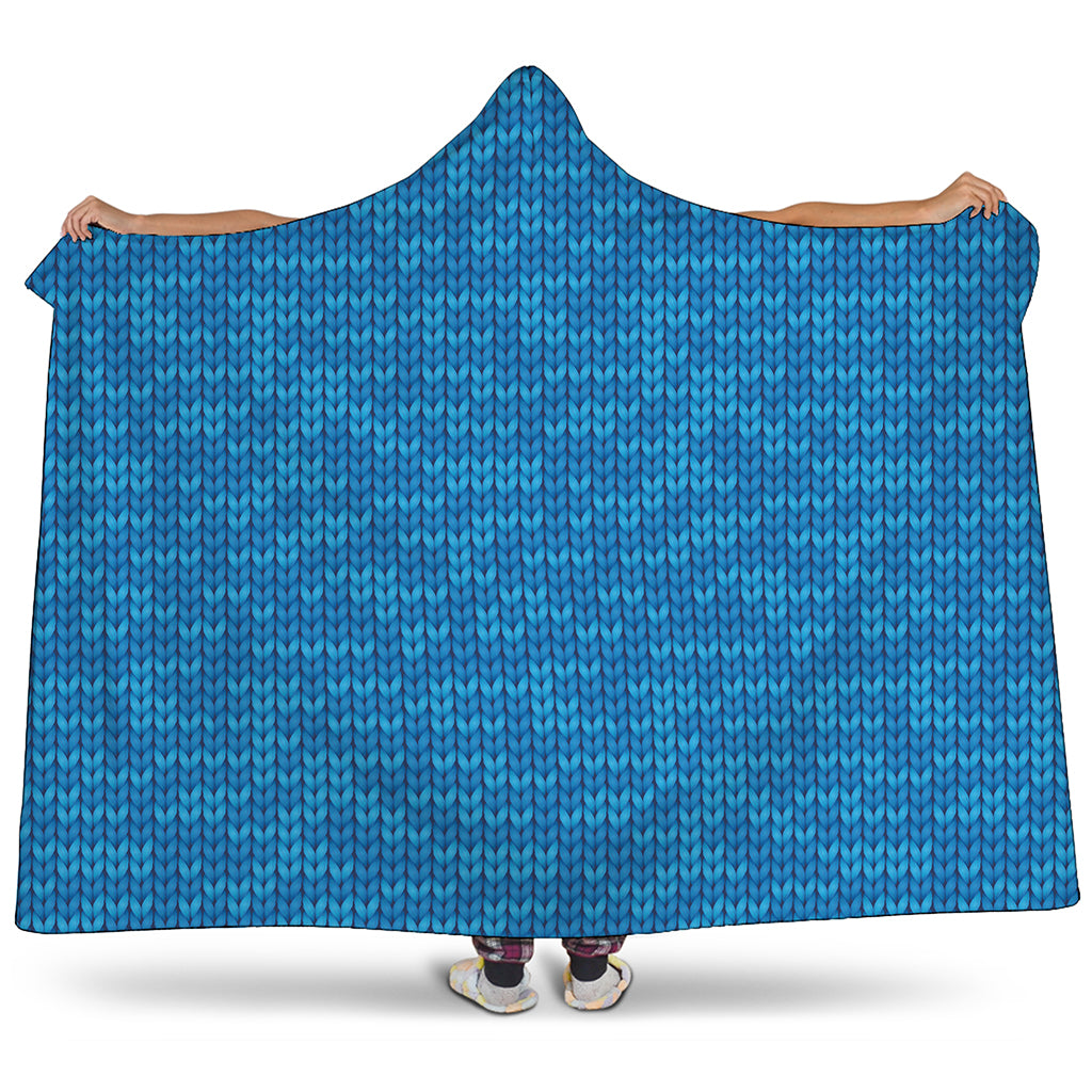 Blue Knitted Pattern Print Hooded Blanket