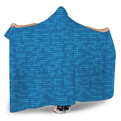 Blue Knitted Pattern Print Hooded Blanket
