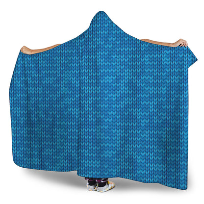 Blue Knitted Pattern Print Hooded Blanket