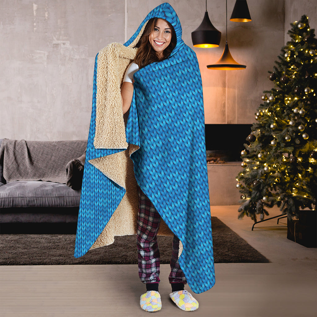 Blue Knitted Pattern Print Hooded Blanket