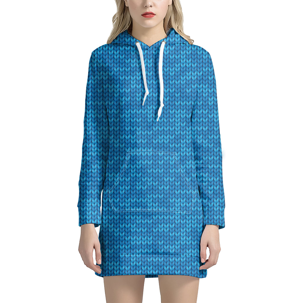 Blue Knitted Pattern Print Hoodie Dress