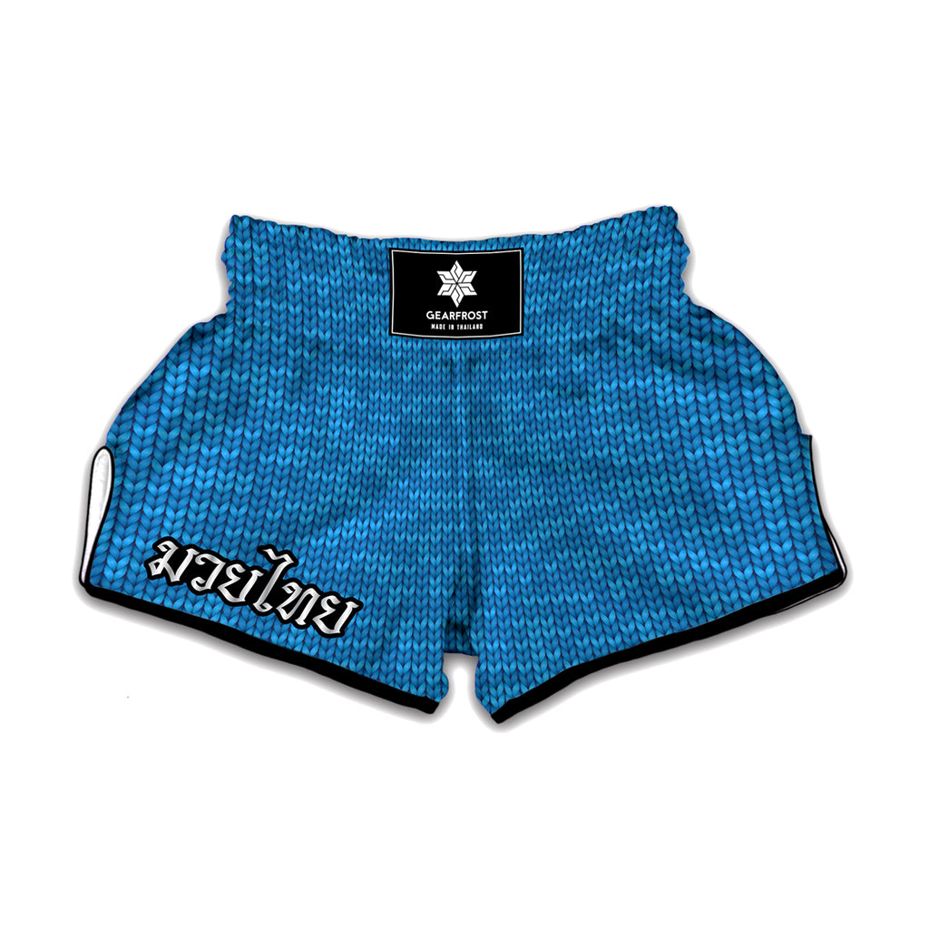 Blue Knitted Pattern Print Muay Thai Boxing Shorts